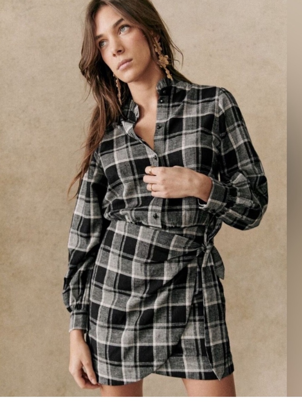Sezane Black & Gray Plaid Button-Down Shirt and Wrap Dress